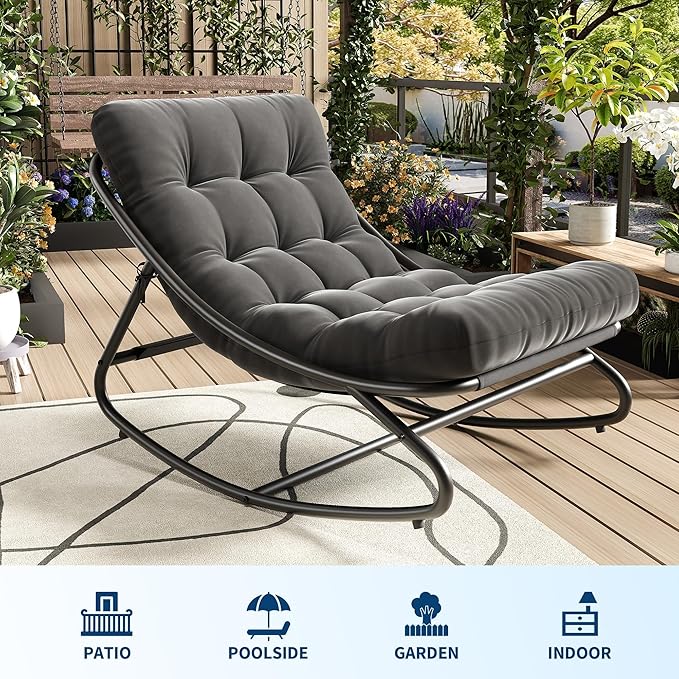 Outdoor Rocking Chair, with Thick Waterproof Cushion, Adjustable Metal Frame Patio Rocker for Garden, Poolside, Balcony, or Backyard, Comfortable Modern Design