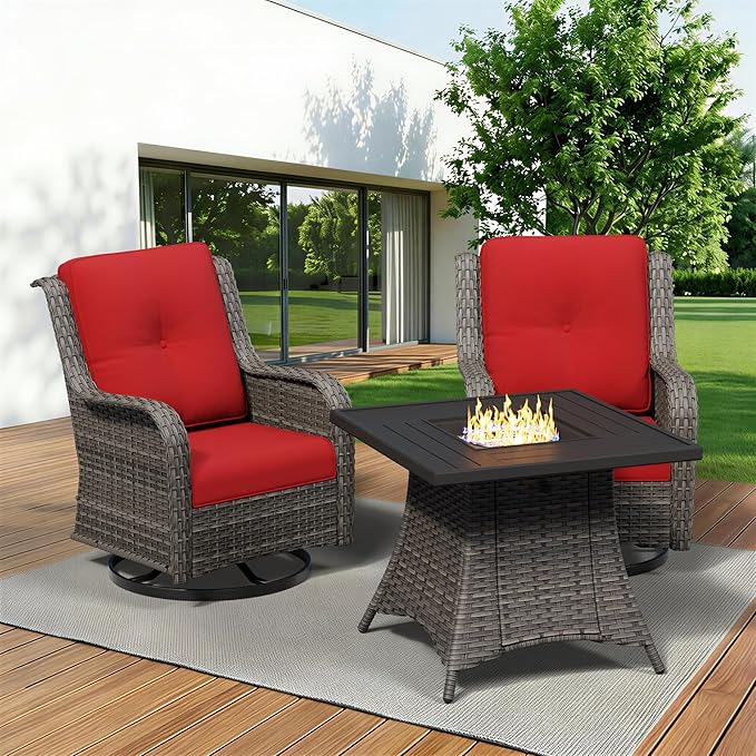 3 Pieces Outdoor Wicker Patio Furniture Set with Fire Pit Table, Swivel Rocker Patio Chairs Set with Thickened Cushions, High Back and Deep Seating, Hand-Woven PE Rattan for Porch, Deck