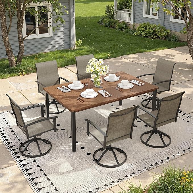 Outdoor Dining Table for 6, 63" Rectangle Outdoor Table with Adjustable Umbrella Hole, All-Weather Metal Patio Dining Table for Lawn Garden Backyard Deck, Walnut