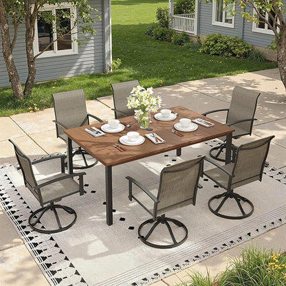 Outdoor Dining Table for 6, 63" Rectangle Outdoor Table with Adjustable Umbrella Hole, All-Weather Metal Patio Dining Table for Lawn Garden Backyard Deck, Walnut