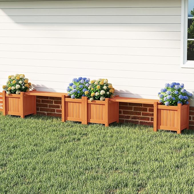 S AFSTAR 2 Pieces Outdoor Planter Bench, Wooden Planter Box with Bench, Small Raised Plant Container Garden Benches with Boxes for Patio, Yard, Deck & Balcony