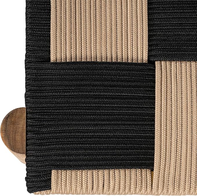 Eyely HNB202A Denis 48" 2-Seat Backless 700-Lbs Support Acacia Wood Outdoor Bench with Checkerboard Woven Rope Seat for Patio, Garden, Lawn, Backyard, Pool, Deck, Beach, Black/Beige