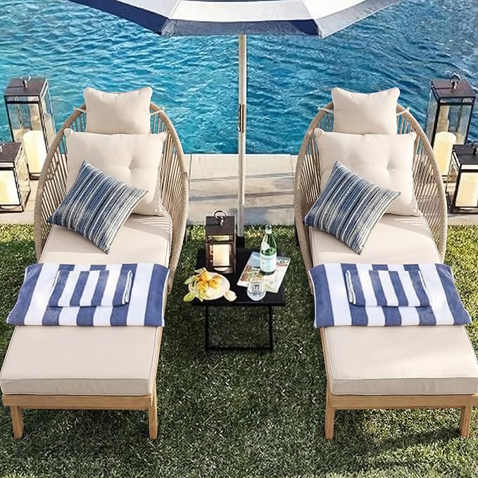Patio Chaise Lounge Chair with Wheels, Outdoor Lounge Chairs with Thick Cushions, Patio Chaise Lounger Outdoor Handwoven Rope Armrests, Wicker Chairs for Outside, Poolside, Deck, Khaki