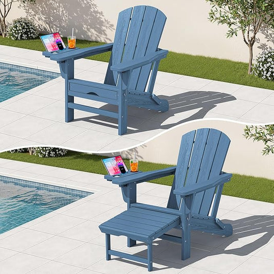 KINGYES Adjustable Folding Adirondack Chair with Footrest & 4-in-1 Multi-Functional Armrest Organizer, HDPE Foldable Recliner Adirondack Chair with Pull-Out Ottoman, Blue