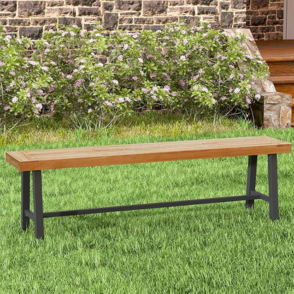 Outdoor Bench Garden Bench Set of 2, 63" Backless Acacia Wood Bench with Heavy-Duty Metal Legs, Patio Dining Bench Front Porch Benches for Outside, Yard & Garden