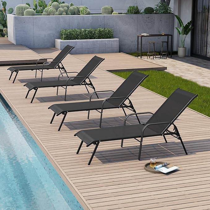 Crestlive Outdoor Chaise Lounge Chair,5-Position Pool Lounge Chairs with Armrests Sunbathing Recliner for Patio,Beach,Deck,Yard (4PC Black)