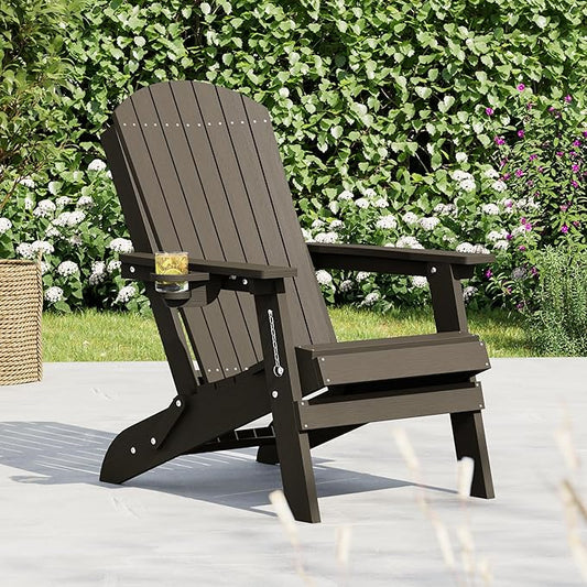 HDPE Foldable Adirondack Outdoor Chair with Cup Holder, Weather Resistant Heavy-Duty Patio Chair for Patio, Backyard, Deck, Fire Pit, Lawn and Porch, Brown