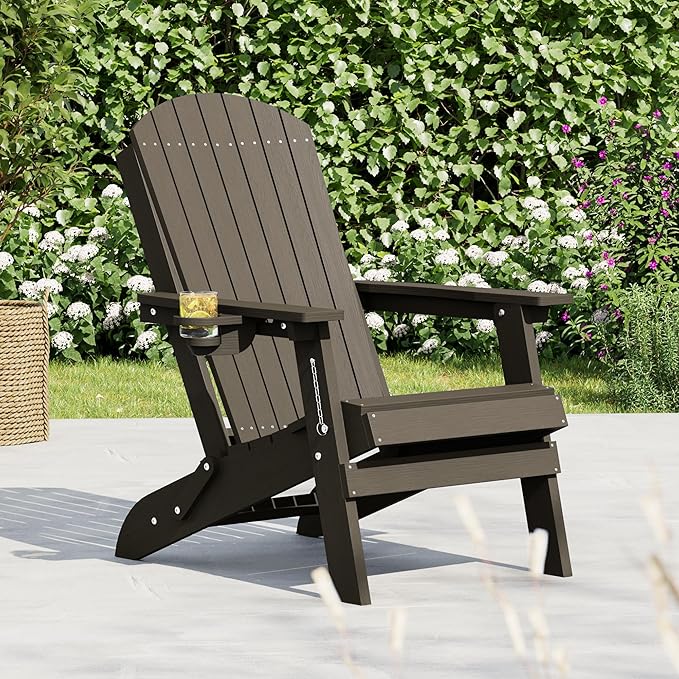 HDPE Foldable Adirondack Outdoor Chair with Cup Holder, Weather Resistant Heavy-Duty Patio Chair for Patio, Backyard, Deck, Fire Pit, Lawn and Porch, Brown