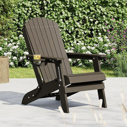HDPE Foldable Adirondack Outdoor Chair with Cup Holder, Weather Resistant Heavy-Duty Patio Chair for Patio, Backyard, Deck, Fire Pit, Lawn and Porch, Brown