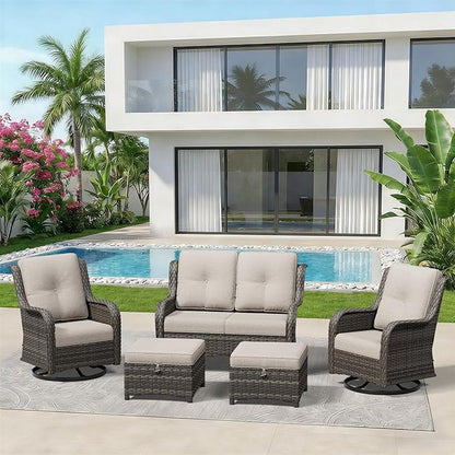 5 Piece Outdoor Wicker Patio Furniture Set, Outdoor Swivel Rocker Patio Chairs Set with Thickened Olefin Cushions, High Back and Deep Seating, Hand-Woven PE Rattan for Porch, Deck