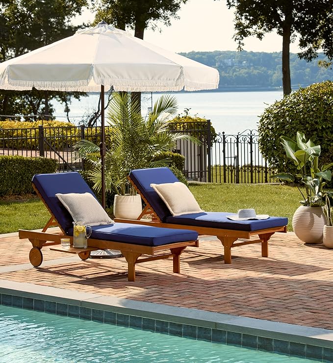 SAFAVIEH Outdoor Collection Newport Natural/ Navy Cushion Built-in Side Table Adjustable Chaise Lounge Chair