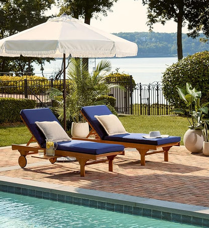 SAFAVIEH Outdoor Collection Newport Natural/ Navy Cushion Built-in Side Table Adjustable Chaise Lounge Chair