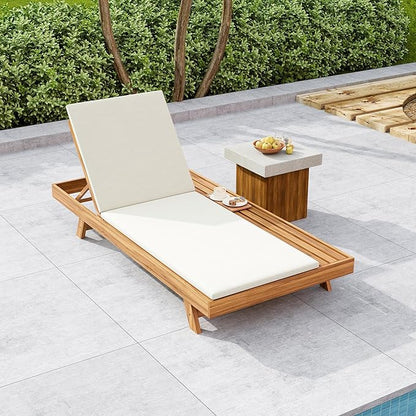 2-Piece Patio Lounge Chair Set with Side Space, Outdoor Chaise Lounge Adjustable & Breathable Acacia Wood Frame, Water-Resistant Cushions(Cream & 2 Inch Thick & Double FOLD)