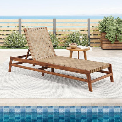 Christopher Knight Home Susua Rope Chaise Lounge with Acacia Wood Frame, Adjustable Backrest Single Lounge Sofa, Patio Sun Lounger Recliner Chair for Poolside Backyard, Light Brown + Mocha