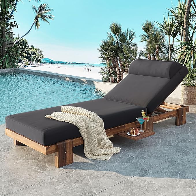 Merax 78.8'' Outdoor Patio Chaise Lounge Chair, Acacia Wood Adjustable Recliner with Headrest and Retractable Side Tray - Photo 1