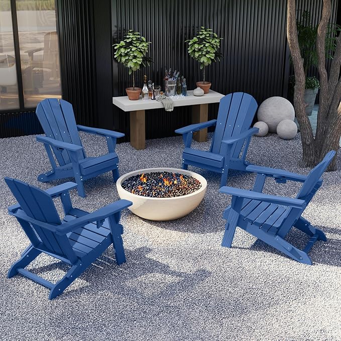 GLANC Folding Adirondack Chair Set of 2, HDPE All-Weather Outdoor Patio Fire Pit Chairs Lawn Chair for Poolside Backyard Deck Balcony, Wooden Textured with Cup Holder, 380LBS Capacity (Navy Blue)