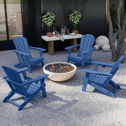 GLANC Folding Adirondack Chair Set of 2, HDPE All-Weather Outdoor Patio Fire Pit Chairs Lawn Chair for Poolside Backyard Deck Balcony, Wooden Textured with Cup Holder, 380LBS Capacity (Navy Blue)