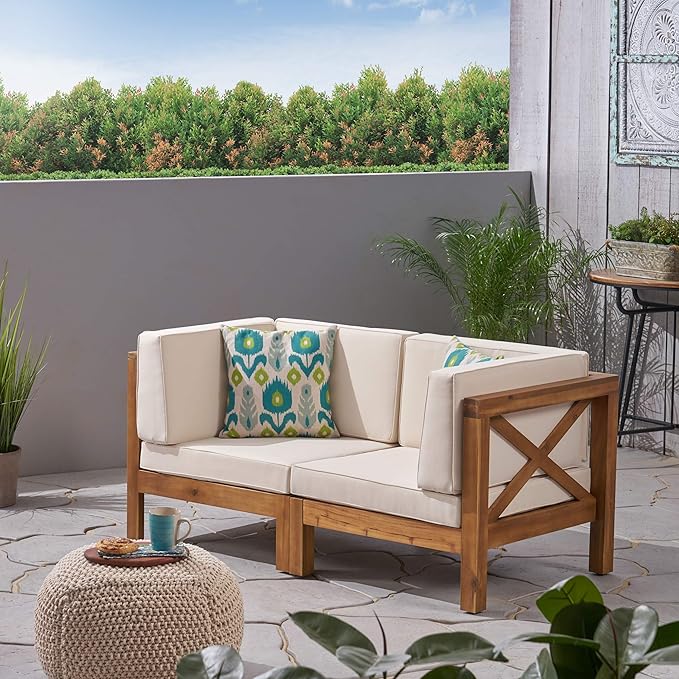GDFStudio Outdoor Sectional Loveseat Set | 2-Seater | Acacia Wood | Water-Resistant Cushions | Teak and Beige - Photo 2