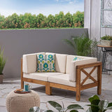 GDFStudio Outdoor Sectional Loveseat Set | 2-Seater | Acacia Wood | Water-Resistant Cushions | Teak and Beige - Photo 2