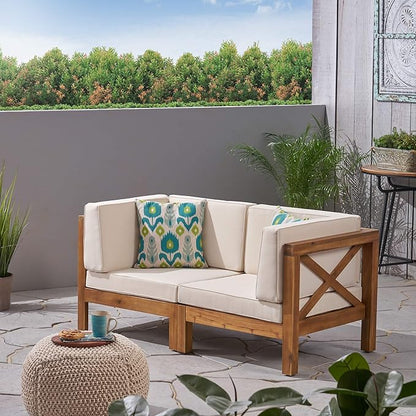GDFStudio Outdoor Sectional Loveseat Set | 2-Seater | Acacia Wood | Water-Resistant Cushions | Teak and Beige