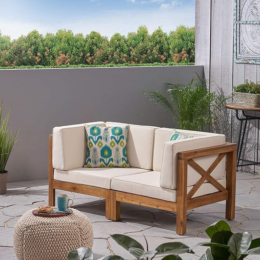 GDFStudio Outdoor Sectional Loveseat Set | 2-Seater | Acacia Wood | Water-Resistant Cushions | Teak and Beige