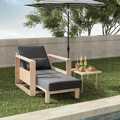 HULALA HOME Outdoor Chaise Lounge, Solid Wood Patio Lounge Chair with Lumbar Pillow, Adjustable Reclining Poolside Lounge Chair, Charcoal