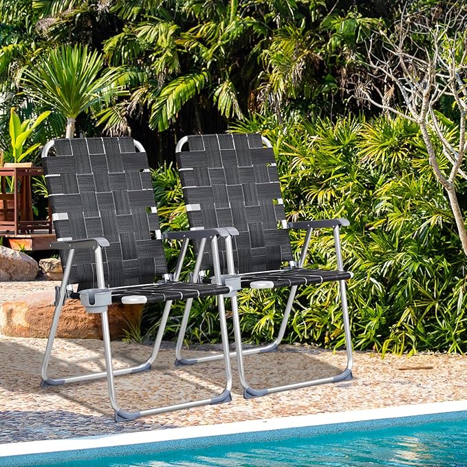 VINGLI Aluminum Patio Lawn Chairs Folding Set of 2 with Detachable Cup Holder - Photo 2