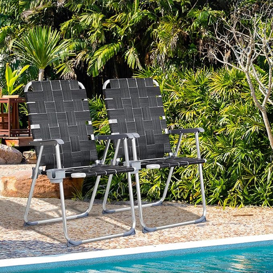 VINGLI Aluminum Patio Lawn Chairs Folding Set of 2 with Detachable Cup Holder, Webbed Beach Chair Folding Chair Outdoor Portable Camping Chair for Yard, Garden