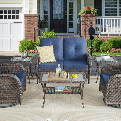 Belord 38 Inch Outdoor Coffee Table with 2 Tier Storage - Wicker Coffee Table with Water Ripple Texture Tempered Glass Top, All Weather Patio Coffee Table for Deck Porch Balcony Garden Brown