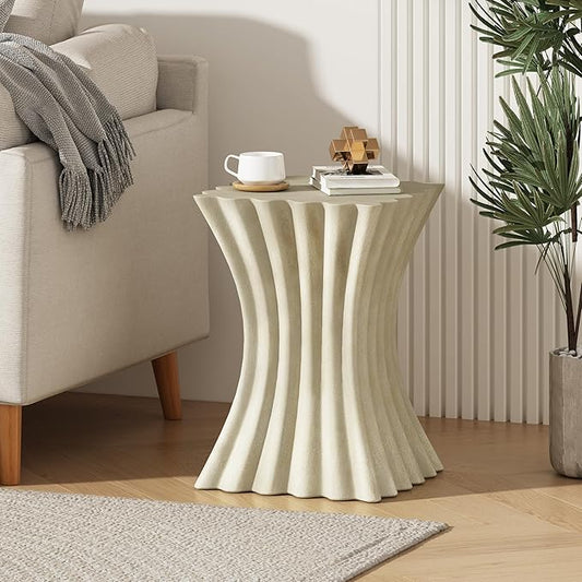 Outdoor Side Table Concrete End Table Faux Stone Side Tables Small Square Coffee Tables for Indoor Outdoor, Garden Stool Plant Stand for Porch, Patio,16.75"X23.25" Retro White