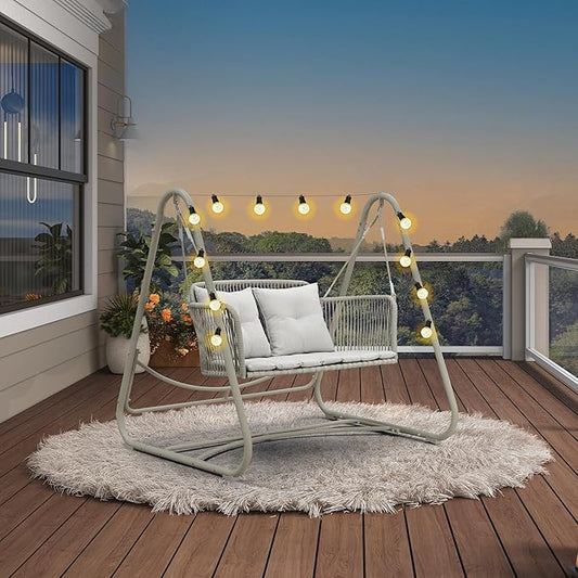 PURPLE LEAF 2-Seat Cloud Swing Chair with Stand and 12 Clear LED Lights Patio Wicker Hanging Swinging for Indoor Backyard Garden Outdoor Hammock Porch Swing, Cushion and Pillows Included, Cream