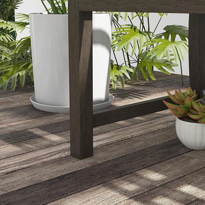 46" Outdoor Garden Bench, Metal Bench, Wood Look Slatted Frame Furniture for Patio, Park, Porch, Lawn, Yard, Deck, Brown