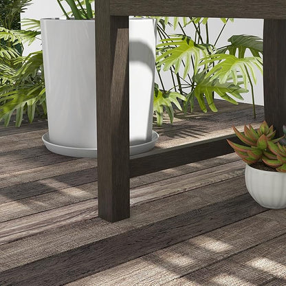 46" Outdoor Garden Bench, Metal Bench, Wood Look Slatted Frame Furniture for Patio, Park, Porch, Lawn, Yard, Deck, Brown