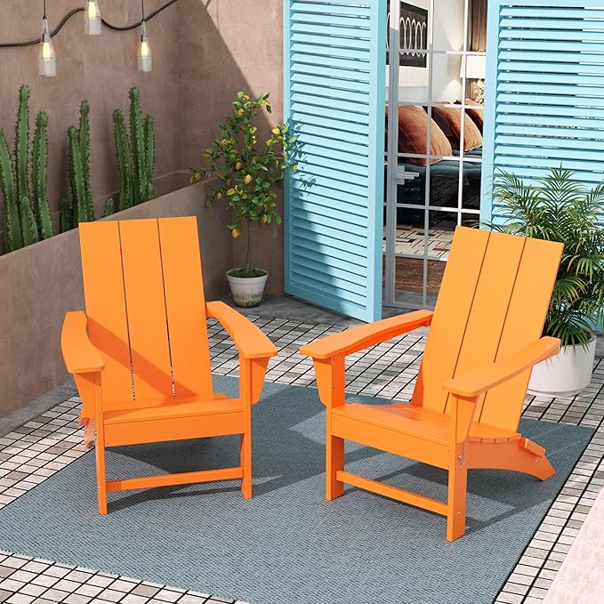 Costaelm Folding Adirondack Chairs, Outdoor Patio Adjustable Lawn Chairs, Weather Resistant Outside Firepit Chairs for Porch, Poolside, Garden, Backyard Deck, Orange