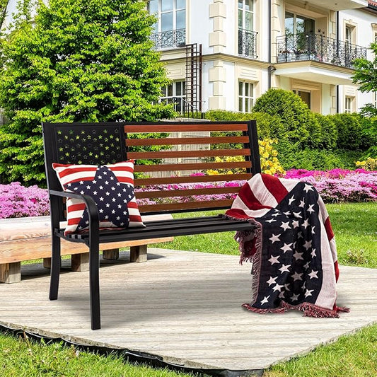 𝐀𝐭𝐭𝐥𝐢𝐚𝐬𝐚𝐥𝐨𝐧 50” Outdoor Bench Garden Bench with American Flag Style, Sturdy Cast Iron Metal Frame Patio Park Bench for Porch Yard Lawn Deck Park