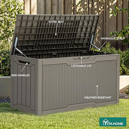 YITAHOME 80 Gallon Outdoor Storage Box, Large Water Resistant Resin Deck Box, Indoor Outdoor Lockable Rattan Storage Container for Patio, Garden, Cushions, Tools, Equipment (Taupe)