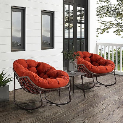 Large Indoor Outdoor Rocking Chair, Oversized Rocking Papasan Chair with Thick Cushion and Frame Outdoor Rocker, Comfy Wicker Egg Chairs Lounge for Outside Porch Patio Backyard (Red, Set of 2)