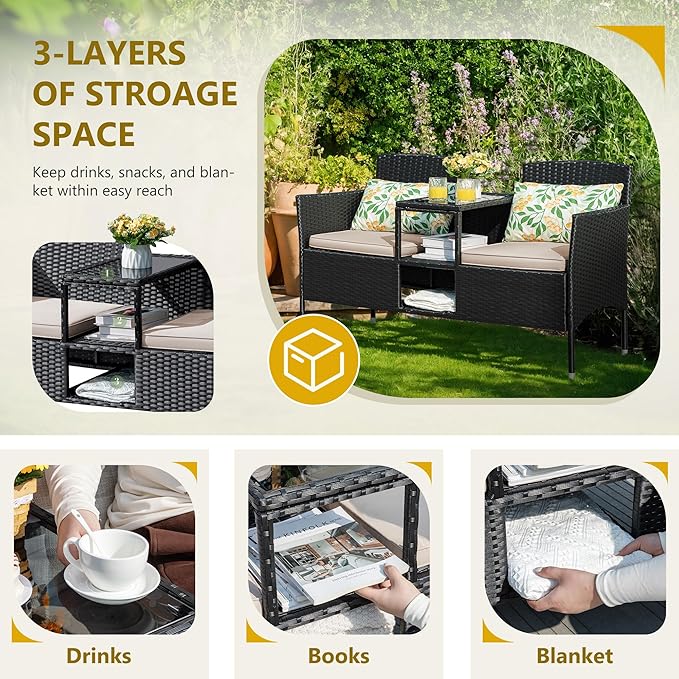 Flamaker Outdoor Furniture Patio Loveseat Wicker 2-Seat with Built-in Table and Cushions Rattan Porch Chairs Bench for - Photo 4