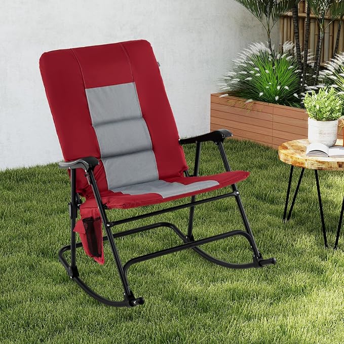 Goplus Oversized Folding Rocking Chair, Padded Patio Lounge Rocker w/Metal Frame, Armrests, Side Pocket, Lightweight Portable Rocking Chair for Backyard Camping Travel, Supports up to 500 lbs(2,Red)
