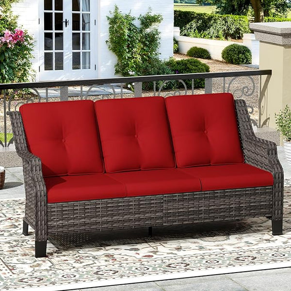 Outdoor Patio Sofa Wicker 3 Seater Sofa, Rattan Couch with Deep Seat and Olefin Cushions, High Backrest, All-Weather for Balcony, Deck, Backyard