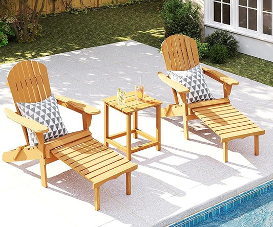 Wooden Folding Adirondack Chair with Ottoman, Pre-Assembled Backrest and Seat Board, Lounge Chair for Outdoor Patio Garden Lawn Backyard Firepit Deck Pool Beach