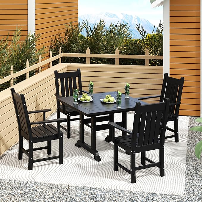 Costaelm Patio Dining Chairs, Plastic Outdoor Adirondack Chair with Arm, HDPE Poly Lumber, Waterproof Restaurant Bistro Dining Chair for Outside Porch Backyard Garden, Black