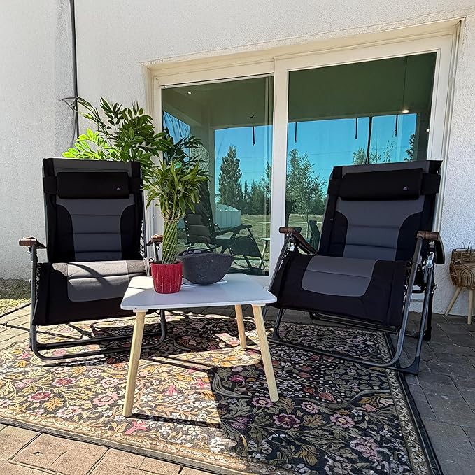 PURPLE LEAF Extra Wide Outdoor Reclining Chair Set of 2 Patio Zero Gravity Chaise Lounge Folding Chair with Quilted Cushion Adjustable Headrest for Lawn Camping Beach Pool Black and Grey