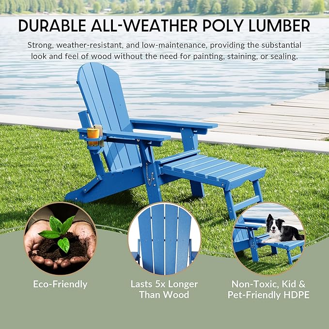 WestinTrends Malibu Folding Adjustable Adirondack Chair with Retractable Ottoman and Cup Holder (Set of 2), Pacific Blue