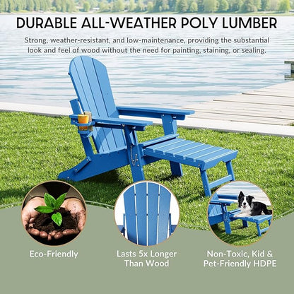 WestinTrends Malibu Folding Adjustable Adirondack Chair with Retractable Ottoman and Cup Holder (Set of 2), Pacific Blue