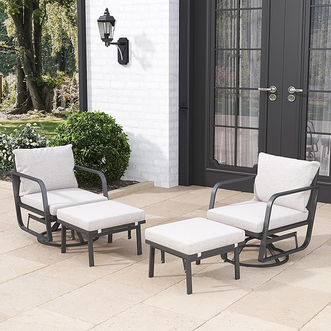 Patio Glider Swivel Rocker Sets: 4Pieces Aluminum Alloy Ensemble with 360° Swivel Rocking Glider Chairs, Rust-Resistant Frame Gray Cushions -Perfect for Decoration (2 Glider Chairs& 2Ottomans)