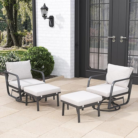 Patio Glider Swivel Rocker Sets: 4Pieces Aluminum Alloy Ensemble with 360° Swivel Rocking Glider Chairs, Rust-Resistant Frame Gray Cushions -Perfect for Decoration (2 Glider Chairs& 2Ottomans)