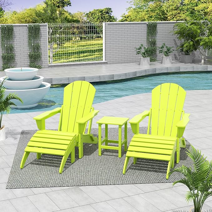 WestinTrends Malibu Outdoor Lounge Chairs Set, 5-Pieces Adirondack Chair Set of 2 with Ottoman and Side Table, All Weather Poly Lumber Patio Lawn Folding Chair for Outside, Lime