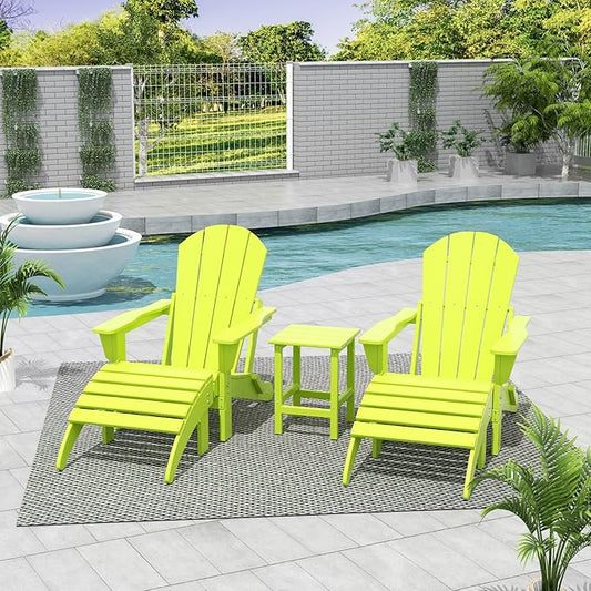WestinTrends Malibu Outdoor Lounge Chairs Set, 5-Pieces Adirondack Chair Set of 2 with Ottoman and Side Table, All Weather Poly Lumber Patio Lawn Folding Chair for Outside, Lime