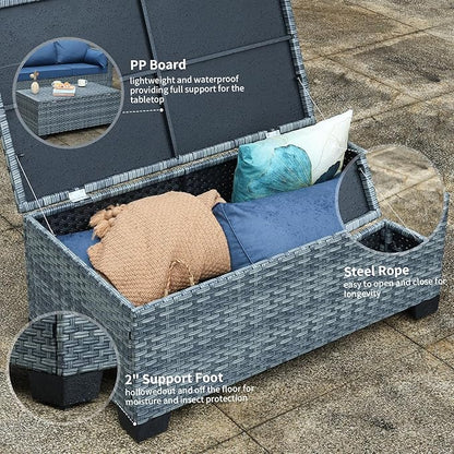 Outdoor Storage Table Wicker Patio Coffee Table All-Weather Rattan Side Table with Waterproof Cover, Grey